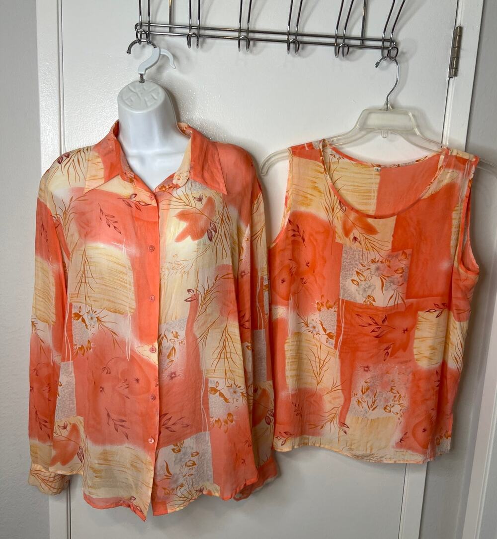 Vintage Piano Women's 100% Silk Two For Button Up Blouse Tank Set Peach ~ Size L